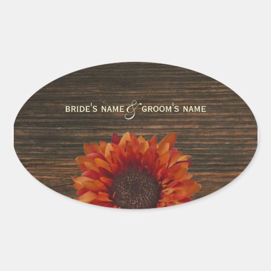 Orange Sonnenblumen und Barnwood-Hochzeitsticker Ovaler Aufkleber (Vorderseite)