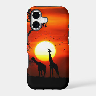 Orange Sonnenuntergang in der Giraffen-Silhouette