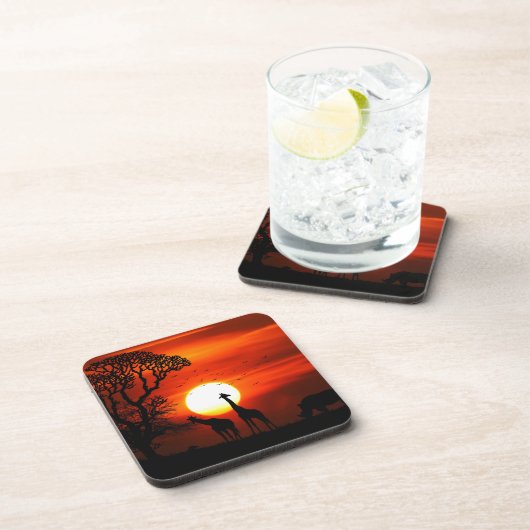 Orange Sonnenuntergang in der Giraffen-Silhouette Getränkeuntersetzer (Rechte Seite)