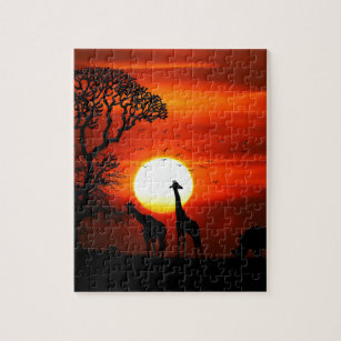 Orange Sonnenuntergang in der Giraffen-Silhouette Puzzle