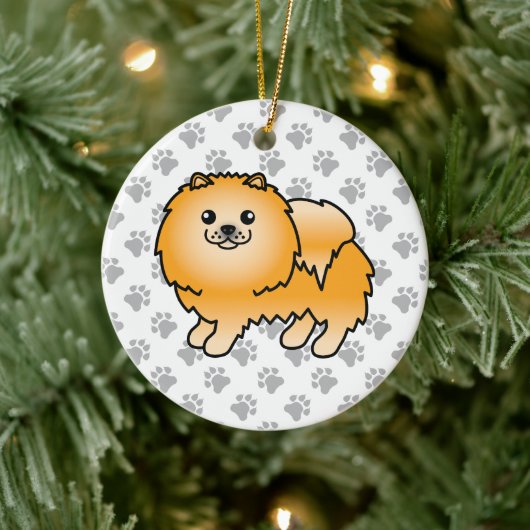 Orange Spitz Niedlich Cartoon Dog & Paws Keramik Ornament (Baum)