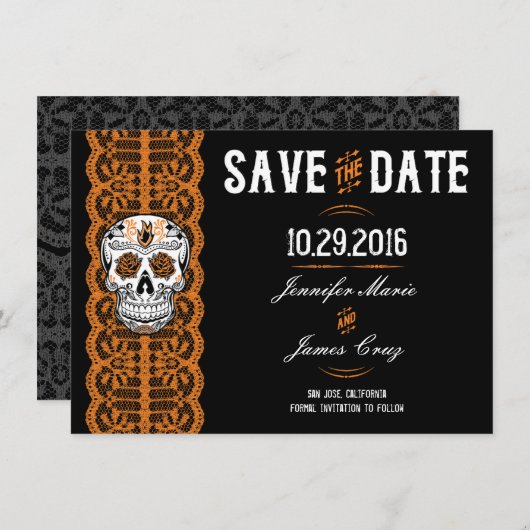 Orange Spitzen Zucker Schädel Speichern Sie die Da Save The Date (Vorne/Hinten)