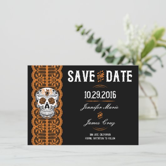 Orange Spitzen Zucker Schädel Speichern Sie die Da Save The Date (Stehend Vorderseite)