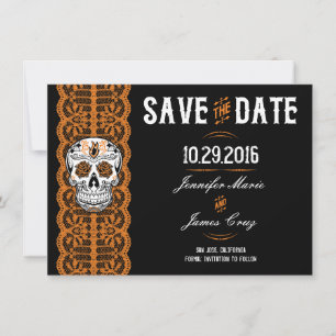 Orange Spitzen-Zuckerschädel Save the Dates 4,5x6, Date