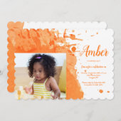 Orange Splash Foto Geburtstag Einladung (Vorne/Hinten)