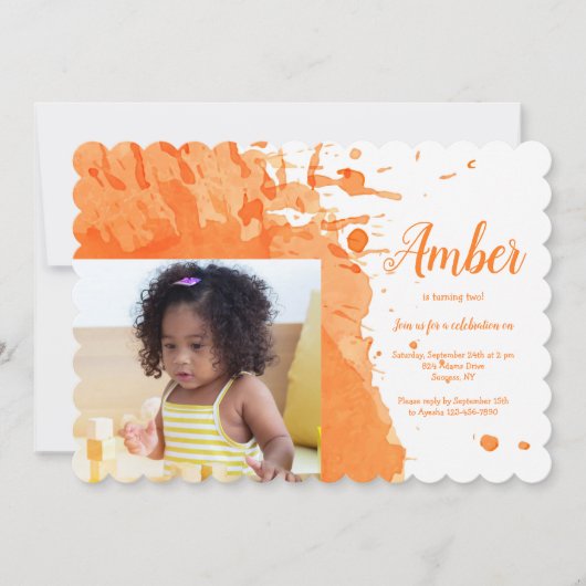 Orange Splash Foto Geburtstag Einladung (Vorderseite)