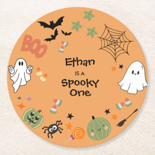 Orange Spooky Ein Niedliches Halloween 1. Geburtst Runder Pappuntersetzer