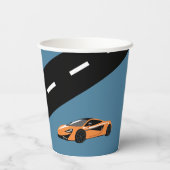 Orange Sportwagen Pappbecher (Rückseite)