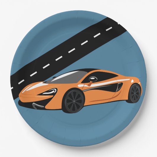 Orange Sportwagen Pappteller (Vorderseite)