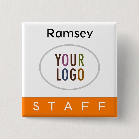Orange Staff Pinback Abzeichen mit Logoquadrat Button (Vorderseite)