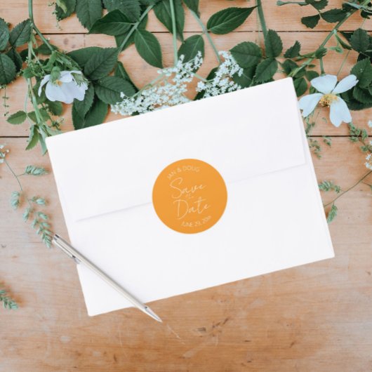 Orange Stilisierte Hochzeit Sichern Sie das Datum Runder Aufkleber