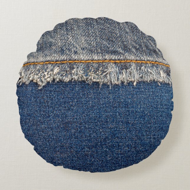 Orange Stitch, Double Denim Patch. Rundes Kissen (Vorderseite)