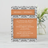 Orange Stitched Damask Wedding Einladungen (Stehend Vorderseite)