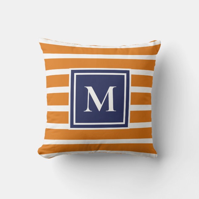 Orange Stripe Moderne Monogram Coastal Nautic Kissen (Vorderseite)