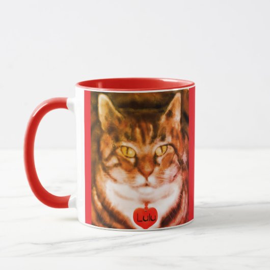 Orange striped Cat Red Trim Tasse (Links)