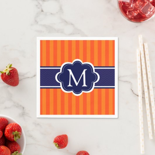 Orange Stripes Navy Blue Custom Monogram Initial Serviette (Beispiel)