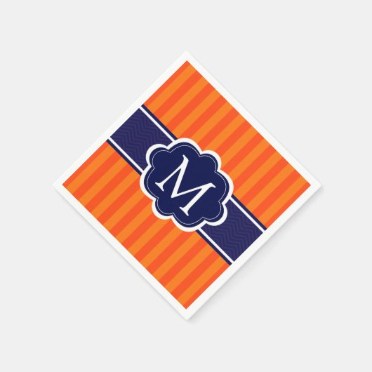 Orange Stripes Navy Blue Custom Monogram Initial Serviette (Ecke)