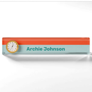 Orange Stripes Schreibtisch-Nummernschild mit Uhr Namensplakette