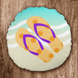 Orange Summer Beach Waves Flip Flops Dekorative Rundes Kissen