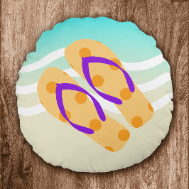 Orange Summer Beach Waves Flip Flops Dekorative Rundes Kissen