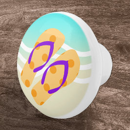 Orange Summer Beach Waves Flip Flops Door Knob Keramikknauf