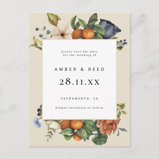 Orange Summer Floral Botanic Boho Save the Date Einladungspostkarte (Vorderseite)