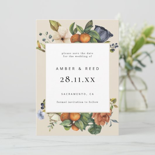 Orange Summer Floral Botanical Boho Save The Date (Stehend Vorderseite)