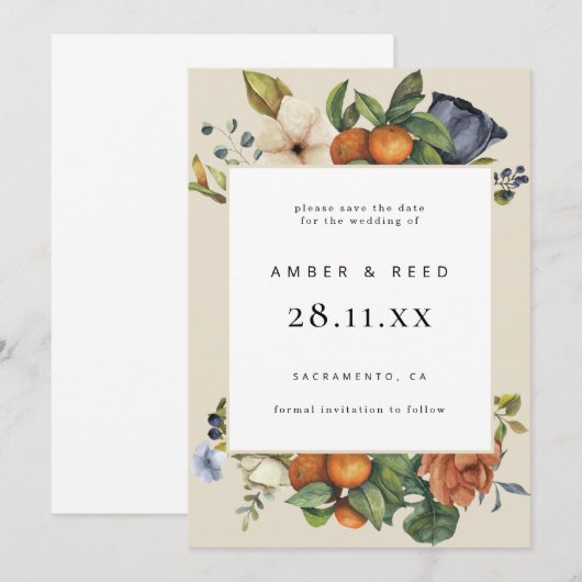 Orange Summer Floral Botanical Boho Save The Date (Vorne/Hinten)