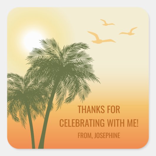 Orange Summer Sunset Palm Trees Birthday Thank You Quadratischer Aufkleber (Vorderseite)