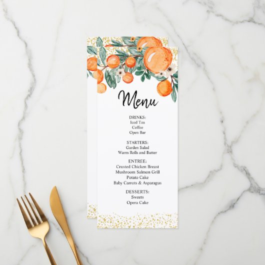 Orange Summer Wedding Menu Card Menükarte (Vorderseite/Rückseite Beispiel)