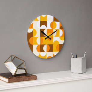 Orange Summer Yellow Dark Brown Retro Art Muster Große Wanduhr