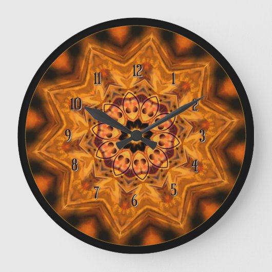 Orange Sunburst Mandala Wall Clock Große Wanduhr (Vorderseite)