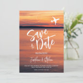 Orange Sunset Airplane Form Hochzeit in Urlaubsort Save The Date (Stehend Vorderseite)