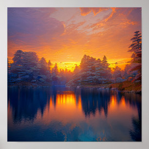 Orange Sunset am Calm Forest Lake Poster