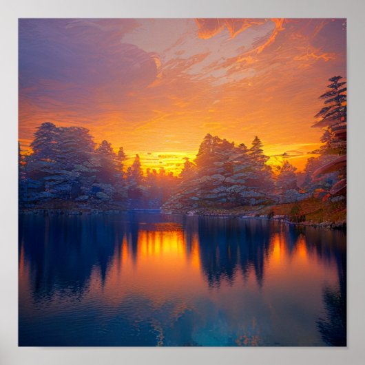 Orange Sunset am Calm Forest Lake Poster (Vorne)