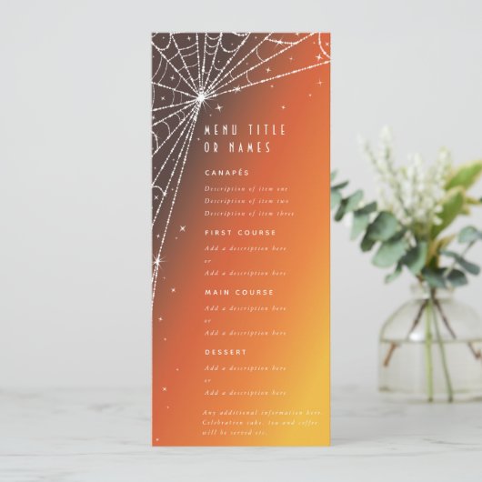 Orange Sunset Diamond Spider Web Flat 4 Course Menükarte (Stehend Vorderseite)