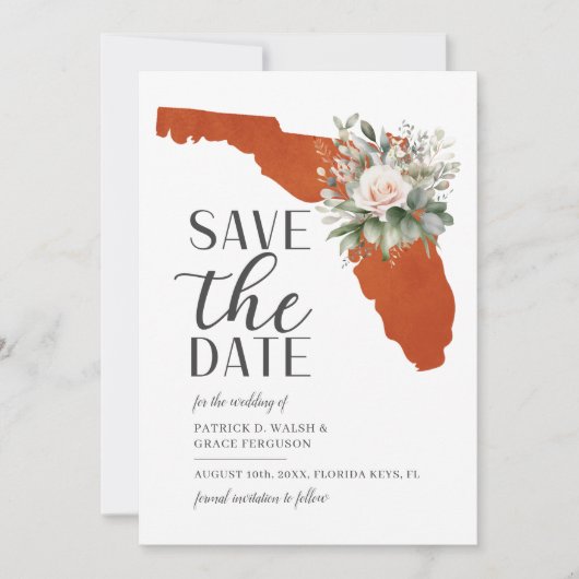 Orange Sunset Floral Florida Hochzeit in Urlaubsor Save The Date (Vorderseite)