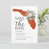 Orange Sunset Floral Florida Hochzeit in Urlaubsor Save The Date (Stehend Vorderseite)