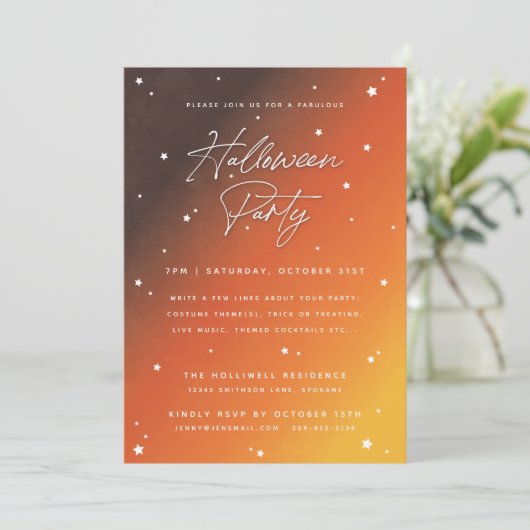 Orange Sunset Script and Stars Halloween-Party Einladung (Stehend Vorderseite)
