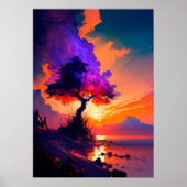 Orange Sunset Sky über Wasser mit Lila Baum Poster (Vorne)