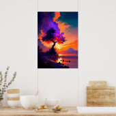 Orange Sunset Sky über Wasser mit Lila Baum Poster (Küche)