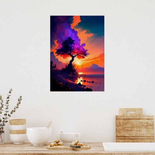 Orange Sunset Sky über Wasser mit Lila Baum Poster (Küche)