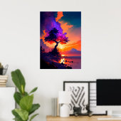 Orange Sunset Sky über Wasser mit Lila Baum Poster (Heimbüro)