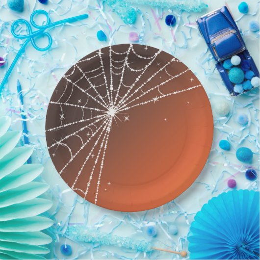 Orange Sunset Sparkling Diamond Spider Web Pappteller (Party)