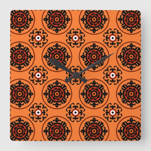 Orange Suzani Pattern Quadratische Wanduhr (Vorderseite)