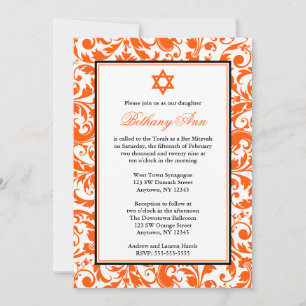 Orange Swirl Damask Bat Mitzvah Einladungen