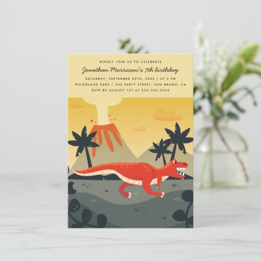 Orange T-Rex & Volcano Modern Boy Birthday Party Einladung (Stehend Vorderseite)