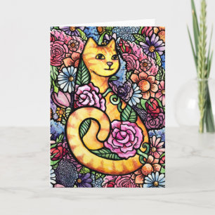 Orange Tabby Cat Flower Garden Karte