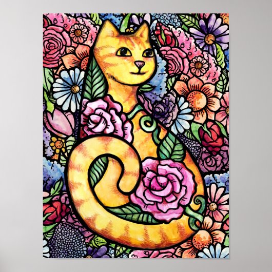 Orange Tabby Cat Flower Garden Poster (Vorne)