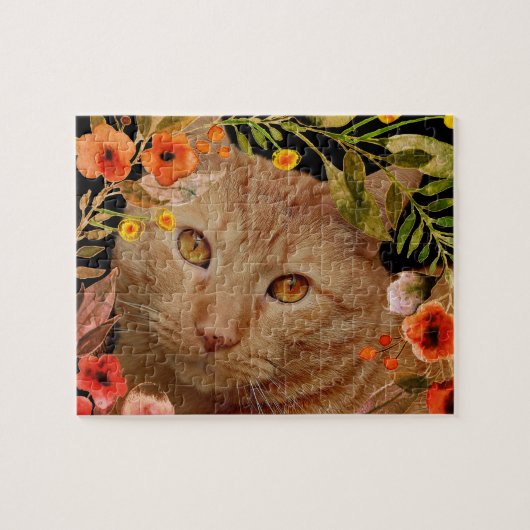 Orange Tabby Cat Foto mit Blume Rahmen Jigsaw Puzzle (Horizontal)